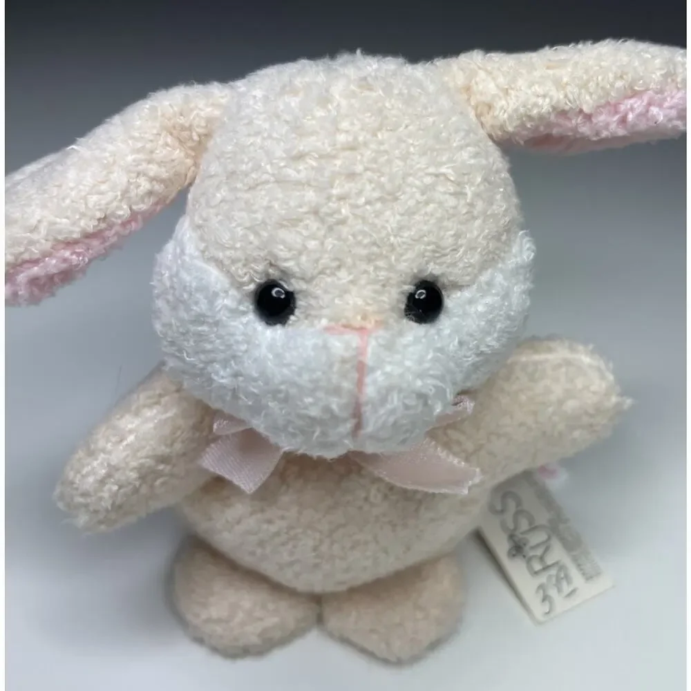 Vintage Russ Puffs Baby Bunny Plush 3” Mini Cream Pink Bow Beanie 20050 NWT